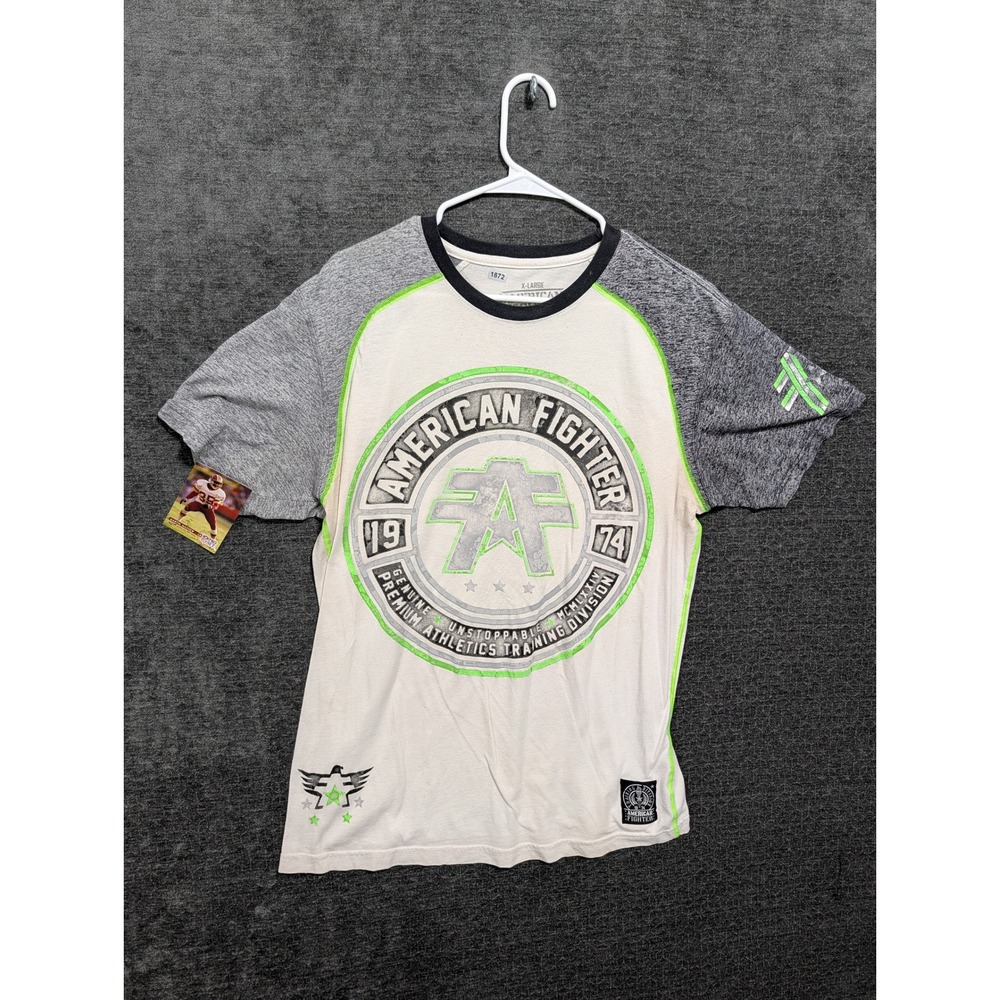 American Fighter Buckle Mens XL T-Shirt Gray White Neon Green Athletics Graphic